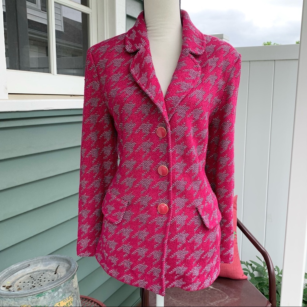 St. John Houndstooth Metallic Knit Blazer Jacket Size 16